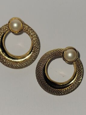Gold-tone Hoop Earrings with Pearl Accent